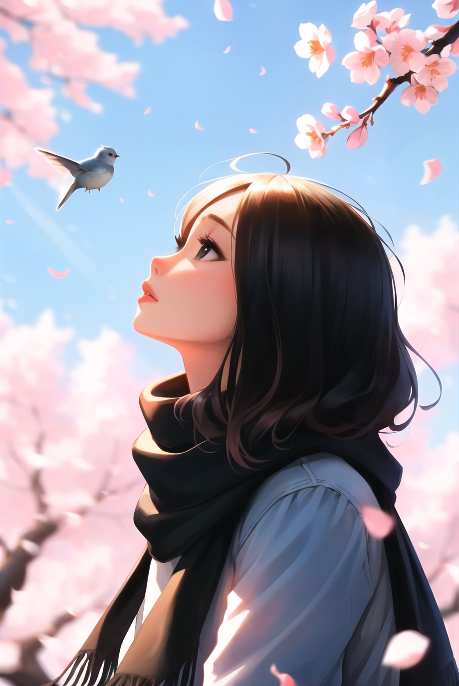 sam yang,

1girl, bird, black eyes, black hair, blurry, blurry background, cherry blossoms, lips, long-tailed tit, looking...